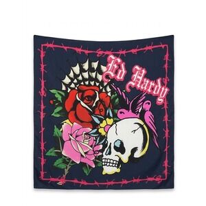 Ed Hardy 43x43 Skull Rose Barbed Wire Square Scarf Black Pink Tattoo Graphic
